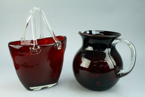 Cranberry Art Glass & Pitcher