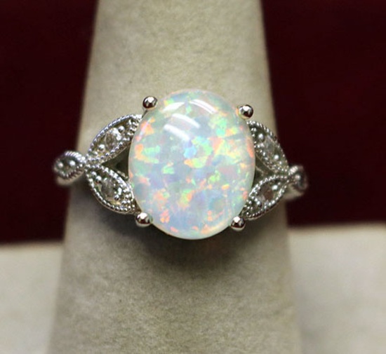 Silver Ring w/ Fire Opal Stone, Sz. 7.5
