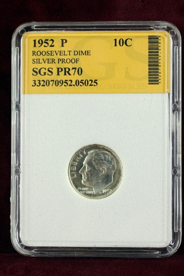 1952-P Roosevelt Silver Proof Dime, SGS PR70