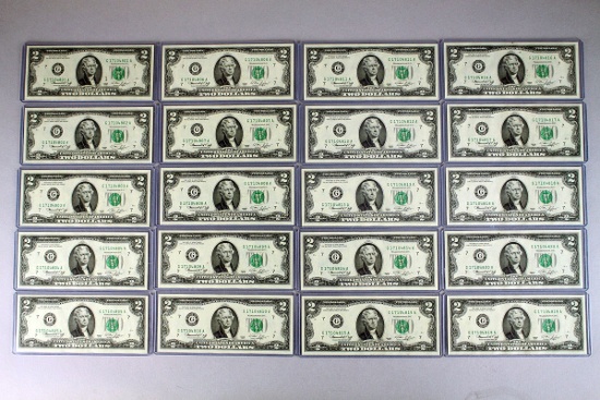 20 1976 $2 Federal Reserve of Chicago Notes Unc., Consecutive Numbers & 1st Day of Issue Stamps