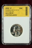 1952-P Washington Silver Quarter, SGS PR70