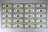 20 1976 $2 Federal Reserve of Chicago Notes Unc., Consecutive Numbers & 1st Day of Issue Stamps