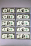 10 1976 $2 Federal Reserve of Chicago Notes Unc., Consecutive Numbers & 1st Day of Issue Stamps