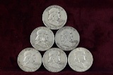6 Franklin Silver Half Dollars; 1957D,1958D,1960D,1961D,1962D,1963D
