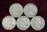 5 Franklin Silver Half Dollars; 1949S,1951D,1952D,1953D,1954D