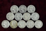 12 Washington Silver Quarters; various dates/mints, see notes