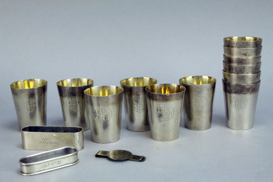 Sterling Silver Cups, Napkin Rings, Money Clip, 335.9 Grams