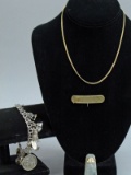 14k Gold Necklace, Ring, Silver Charm Bracelet, Pin