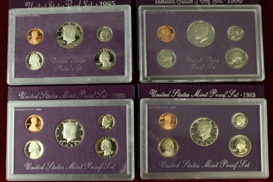 4 U.S. Mint Proof Sets - 1985,1986,1988,1989