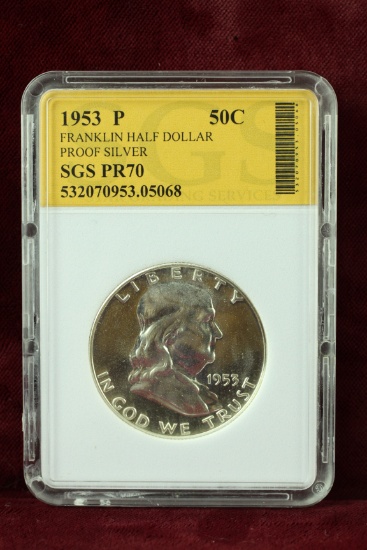 1953 P Franklin Silver Proof Half Dollar, SGS PR70