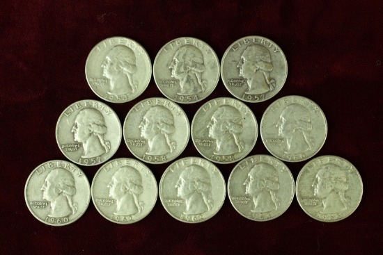 12 Washington Silver Quarters, various dates/mints