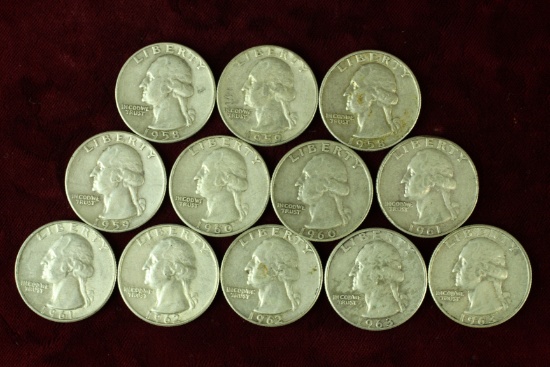 12 Washington Silver Quarters, various dates/mints