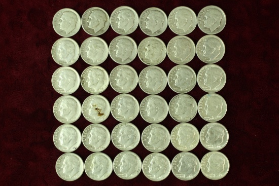 36 Roosevelt Silver Dimes, various dates/mints