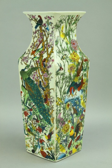 Vintage Chinese Square Birds & Peonies Ceramic Vase