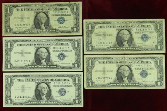 5 $1 Blue Seal Silver Certificates; 1957, 3-1957A, 1957B