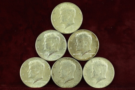 6 1964 Kennedy Half Dollars 90% Silver