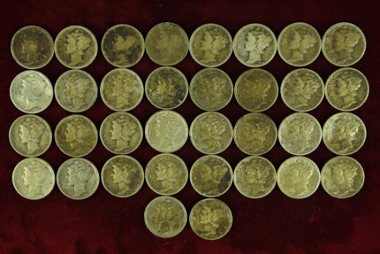 34 Mercury Silver Dimes, various dates/mints