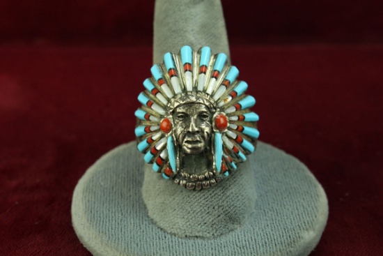 Silver "Indian Chief" Ring, Sz. 12.5