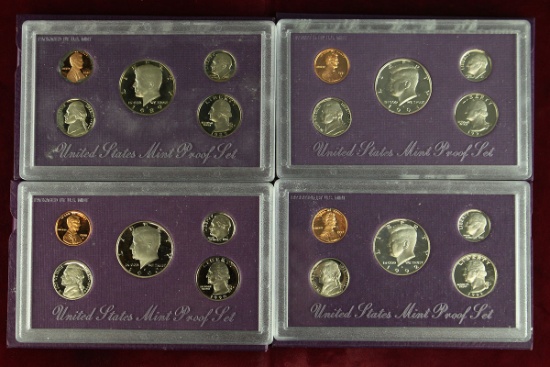 4 U.S. Mint Proof Sets; 1989,, 1990, 1991, 1992