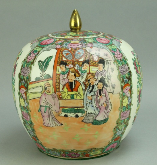 Asian Lidded Bowl - Chrysanthemums & Royal Court