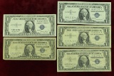 5 $1 Blue Seal Silver Certificates; 1935E, 1957, 2-1957A, 1957B