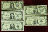 5 $1 Blue Seal Silver Certificates; 1957, 3-1957A, 1957B