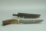 Antique Stag Handled Knife w/ Damascus Blade