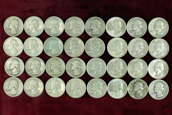 32 Washington Silver Quarters; various dates/mints