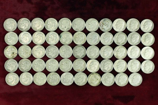 54 Roosevelt Silver Dimes; various dates/mints