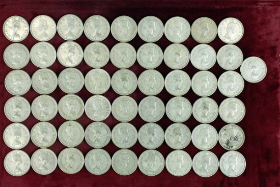 55 Elizabeth II 80% Silver Canadian Quarters, various dates