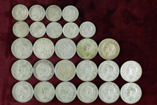 26 George VI Canadian 80% Silver Coins, various dates