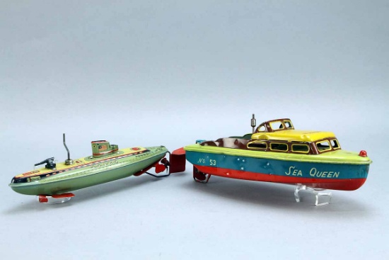 Japanese Tin Litho Boat & Submarine Toys, Ca. 1950's