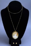 18k Gold Cameo Pendant & Chain w/ 14k Gold Earrings