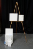 Wood Easel & Assorted Canvases