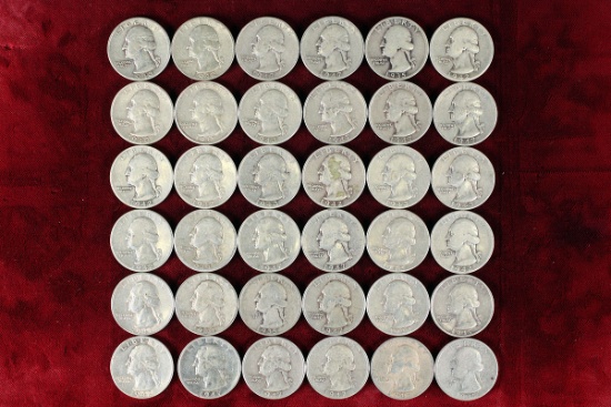 36 Washington Silver Quarters; various dates/mints