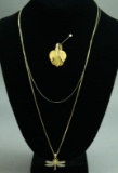 18k Gold Heart Pendant, 18k White Gold Chain, 14k Chain & Dragonfly Pendant