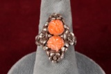 Silver Colored Ring w/ Coral Type Floral Stones, Sz. 7