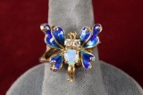 Ladies 14k Butterfly Ring w/ Opal, Diamonds; Sz. 7.5, 7.2 Grams