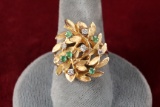 Ladies 14k Leaf Design Diamonds & Green Stones Ring, Sz. 9.75, 9.7 Grams