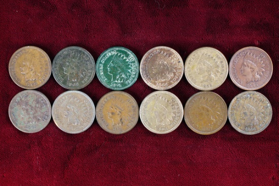 12 Indian Head Pennies various dates from 1859 to 1878