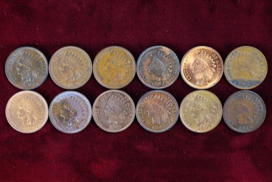 12 Indian Head Pennies various dates from 1890 to 1909