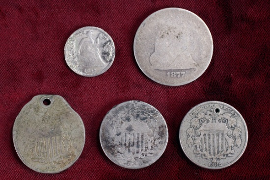 1-US 1872 Silver Half Dime, 3-USShield Nickels, 1-1877 Silver Seated quarter