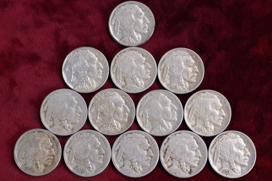 13 Old Buffalo Nickels; various dates/mints