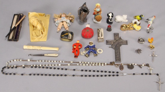 Assorted Vintage Items: Spool Doll, Rosaries, Figurines & More
