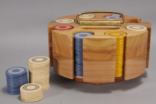 Vintage Poker Chips & Wood Caddy