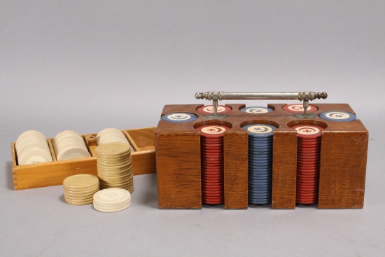 Antique Clay "Moon & Cross" Poker Chips & Caddy, Ca. 1900