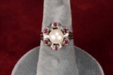 14k Gold Pearl Ring w/ Ruby Accents, Sz. 6.5, 5 Grams