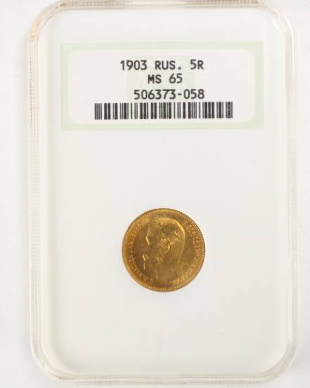 1903 Russia 5 Roubles Gold Coin, MS 65 by NGCA