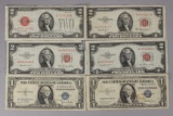 2-$1 Blue Seal Silver Certificates (1935-D,1935-F Star Note) & 4-$2 Red Seal Notes;