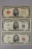1953-A $5 Blue Seal Silver Certificate & 2 - $5 Red Seal Notes; 1928-F,1963